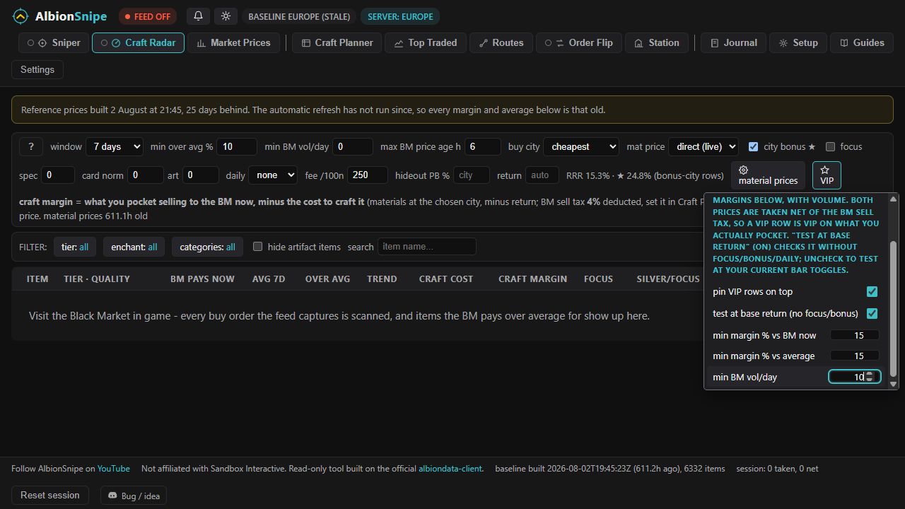 Craft Radar VIP settings with live margin, average margin and Black Market volume thresholds.