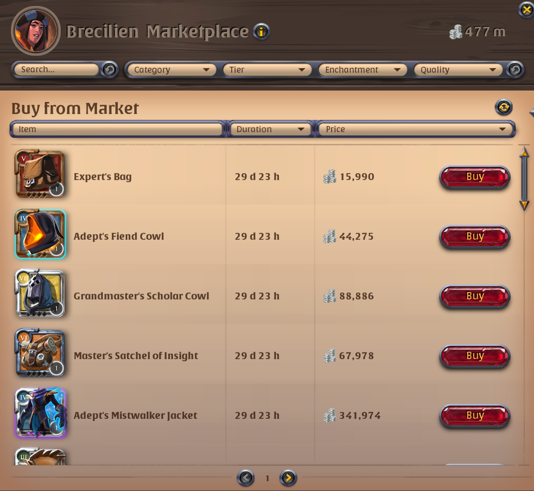 Albion Online Brecilien market sorted by Duration, newest first, every listing at 29 days 23 hours remaining.
