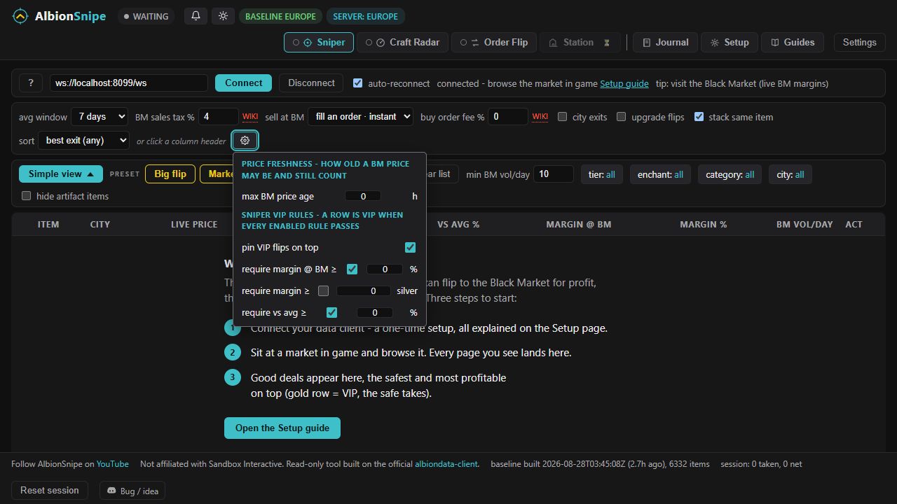 Sniper advanced settings for Black Market price age and VIP profit rules.